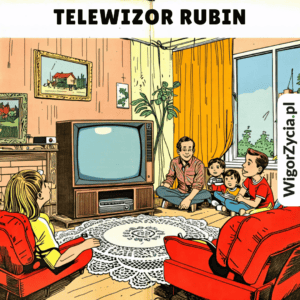 Telewizor Rubin w klasycznym salonie z rodziną, kolorowe wnętrze, relaks i rozrywka.