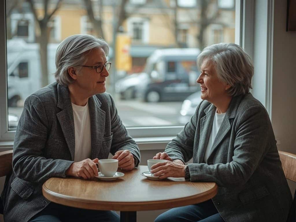 Dwoje aktywnych seniorów rozmawia przy herbacie w kawiarni, ciepła atmosfera więzi