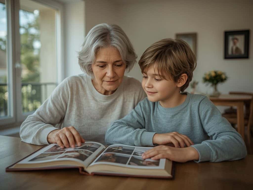 Babcia i nastoletni wnuk oglądają razem rodzinny album ze zdjęciami