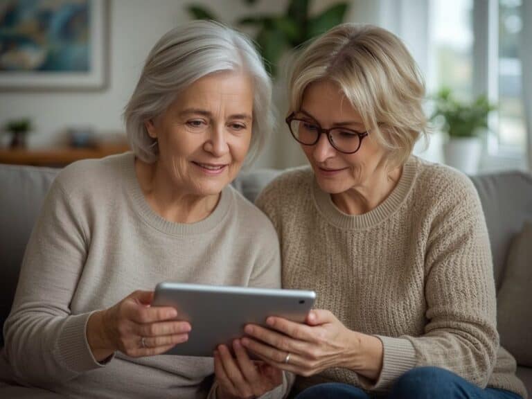Seniorka i jej córka razem korzystają z tabletu w domu: teleopieka i telemedycyna