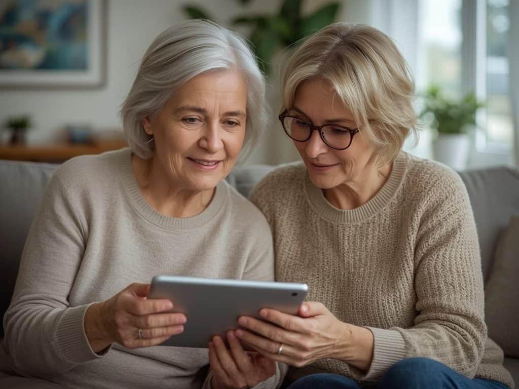 Seniorka i jej córka razem korzystają z tabletu w domu: teleopieka i telemedycyna