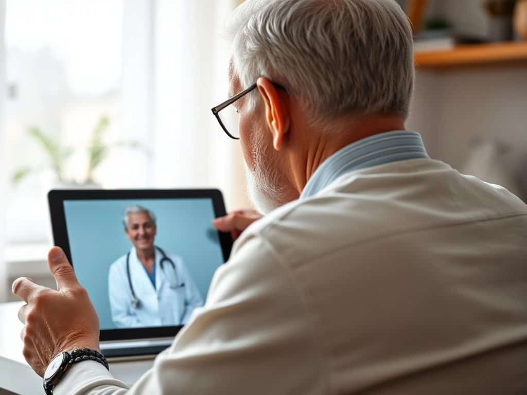 Senior podczas teleporady, lekarz widoczny na ekranie tabletu