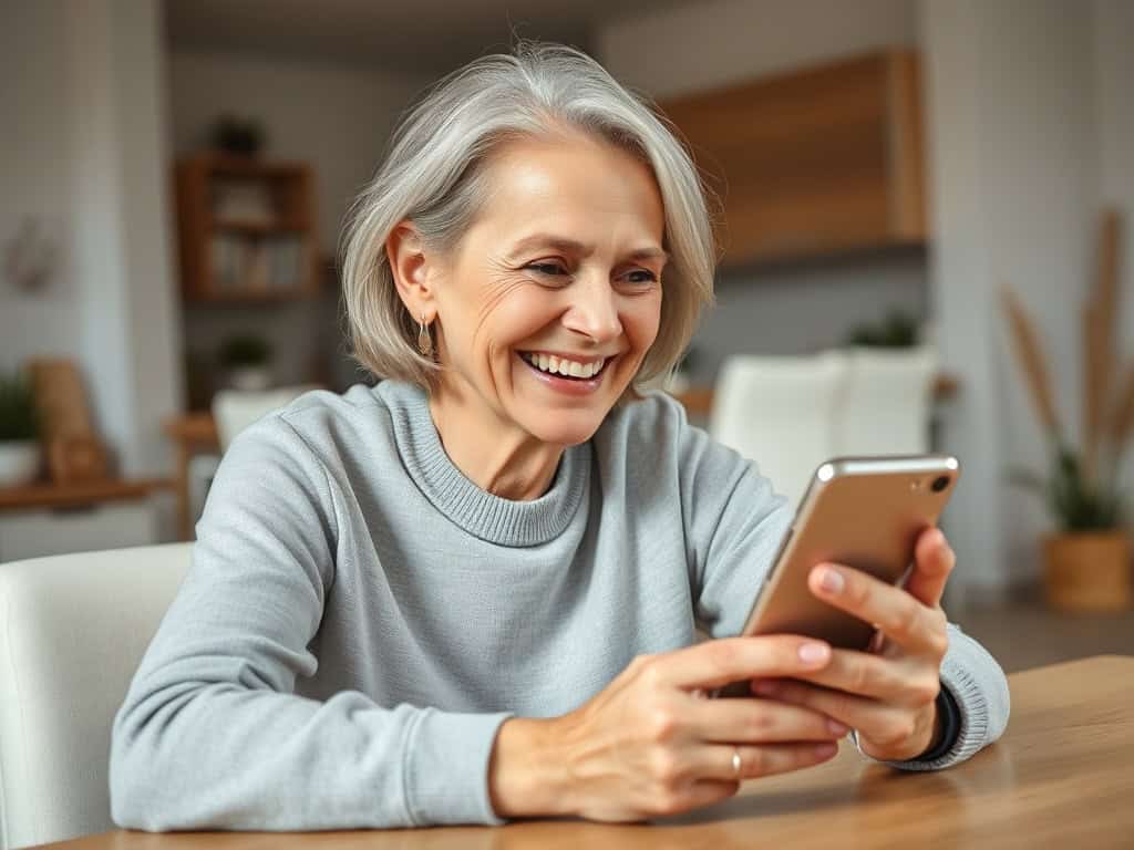 Uśmiechnięta starsza kobieta korzysta z telefonu w domu.