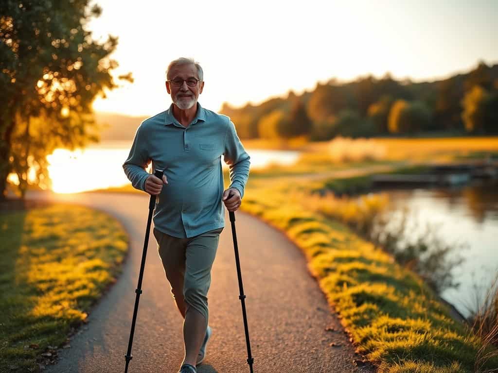 Aktywny mężczyzna po 60-tce idzie brzegiem jeziora z kijami do nordic walking o zachodzie słońca