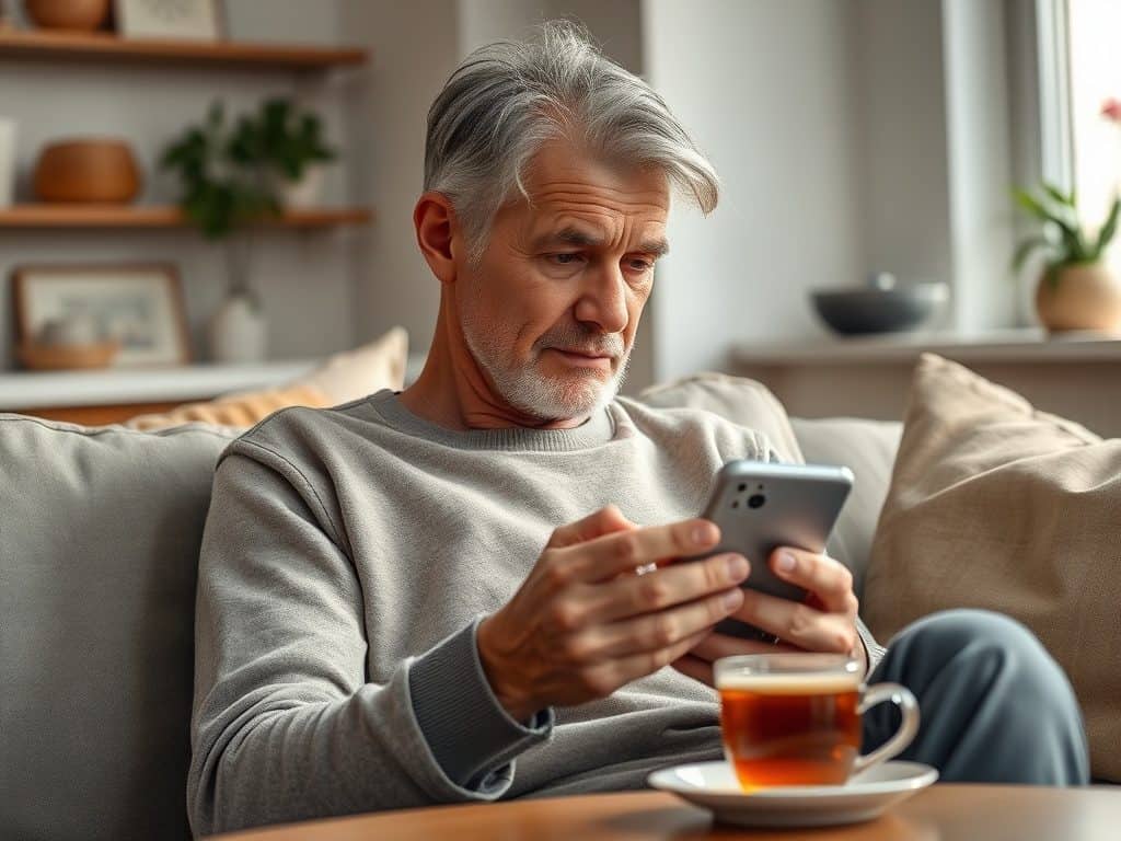 Senior po 50. roku życia sprawdza wiadomość na smartfonie w domu