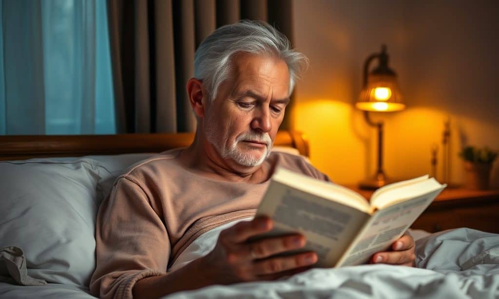 Senior czyta w łóżku przy lampce wieczorem, przygotowanie do snu