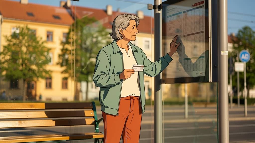 Starsza kobieta czyta rozkład jazdy na przystanku autobusowym w mieście.