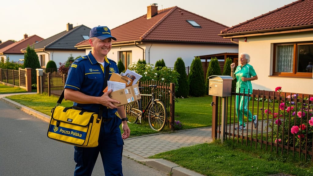 Policjant z uśmiechem dostarcza paczkę pod domem w spokojnej okolicy.