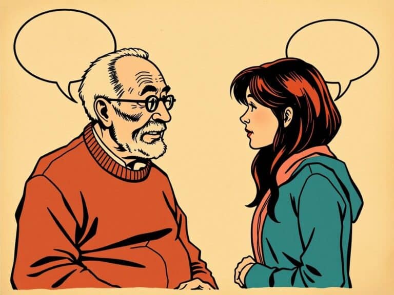 Starszy mężczyzna i młoda kobieta rozmawiająca, ilustracja w stylu komiksowym, brak tekstu w chmurka.