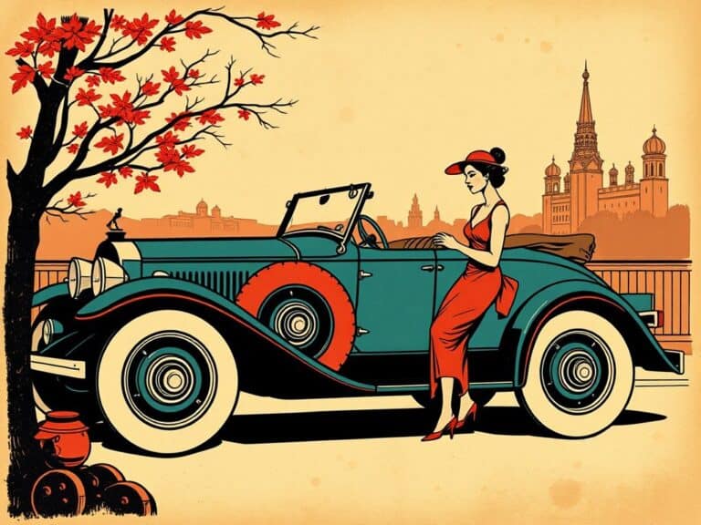 Wigor Życia, styl vintage, kobieta w samochodzie, retro samochód, miasto w tle.