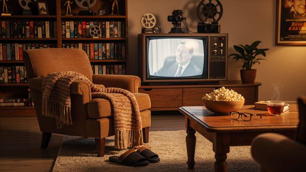 Przytulny salon z starym telewizorem i wygodnym fotelem.