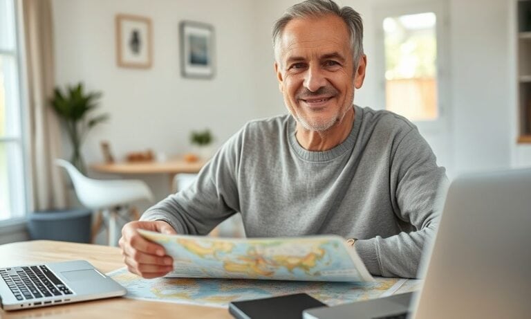 Uśmiechnięty starszy mężczyzna z mapą w domu, relaks i podróże.
