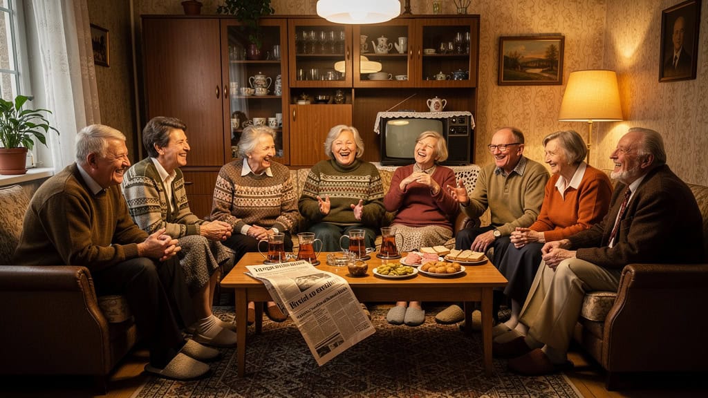 Uśmiechnięta grupa seniorów rozmawia i świętuje w przytulnym salonie.