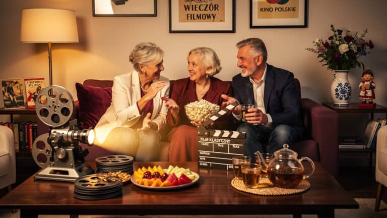 Uśmiechnięci seniorzy oglądają film w domowym zaciszu, relaks i radość życia.