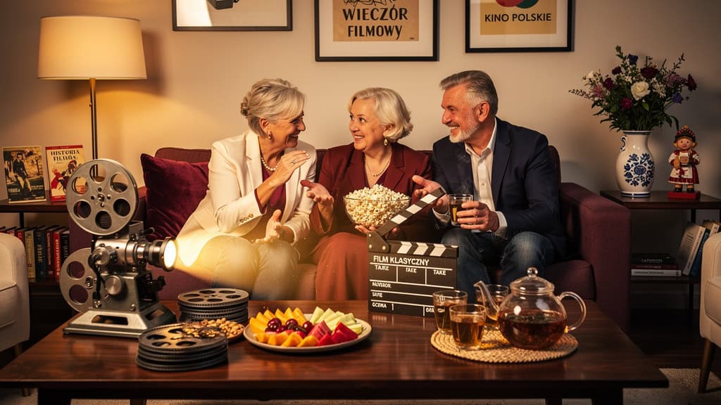 Uśmiechnięci seniorzy oglądają film w domowym zaciszu, relaks i radość życia.