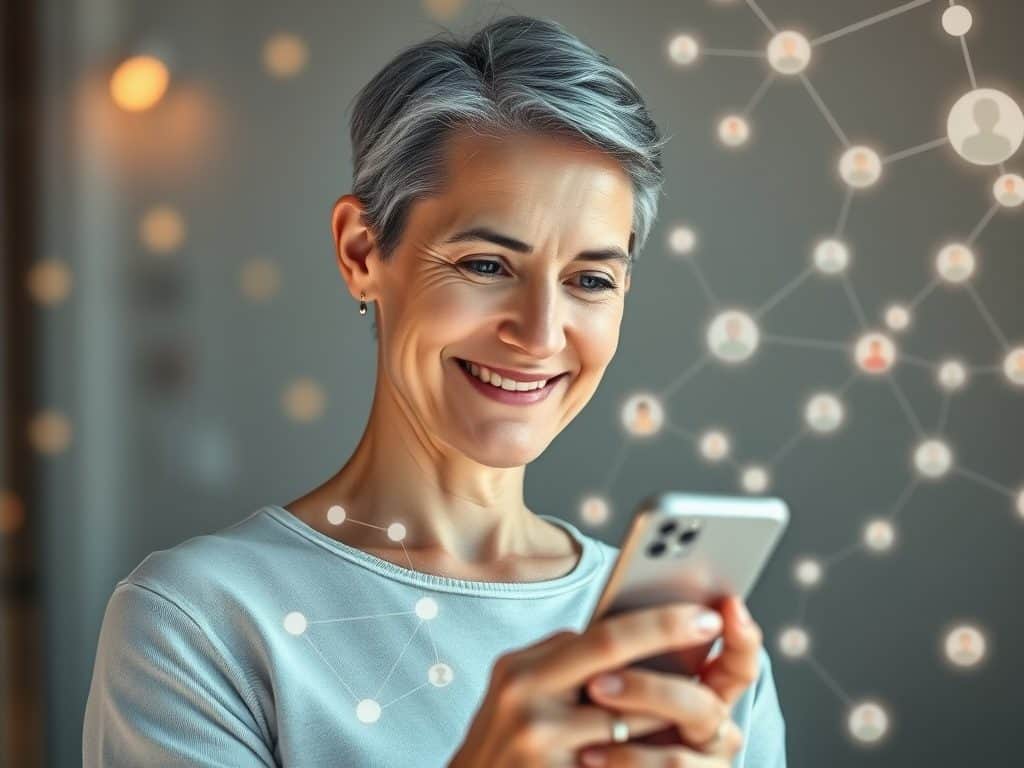 Senior po 50. roku życia z telefonem i motywem sieci społecznościowej