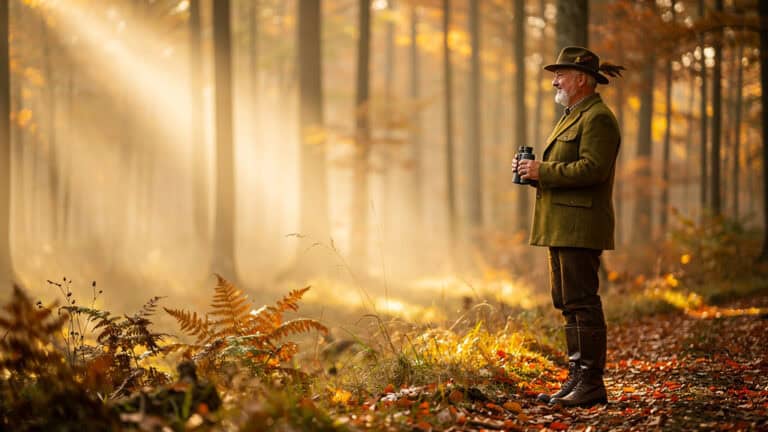 Wędkarz w lesie o poranku, jesień, złote światło, natura, relaks, przyroda.