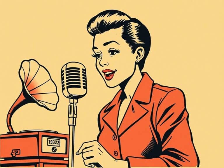 Przemówienie kobiety z mikrofonem i gramofonem w stylu retro, ilustracja w stylu vintage.