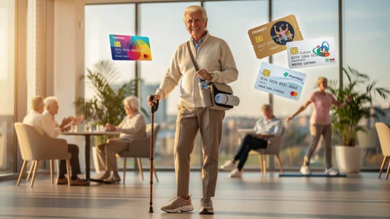 Przedstawiciel seniorów z laską i torbą, w nowoczesnym centrum fitness, promujący zdrowy styl ż.