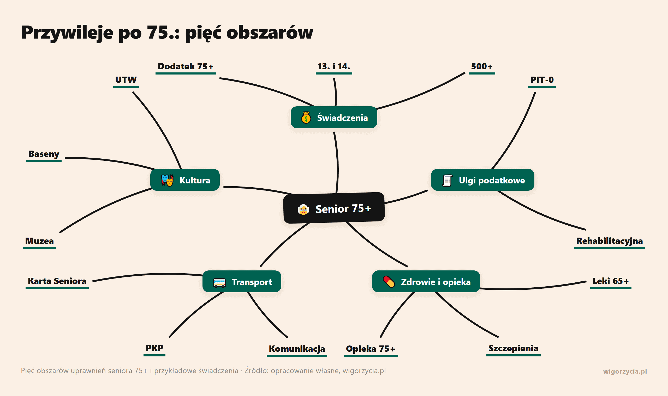 Mapa przedstawiająca sześć obszarów wsparcia dla seniorów po 75 roku życia.