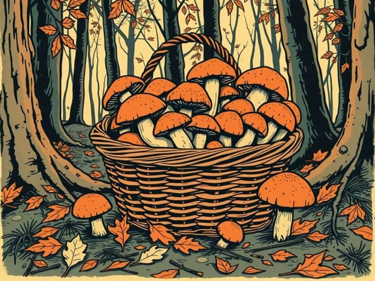 Koszyk pełen grzybów w lesie jesienią, liście na ziemi, naturalny zbiór grzybów.