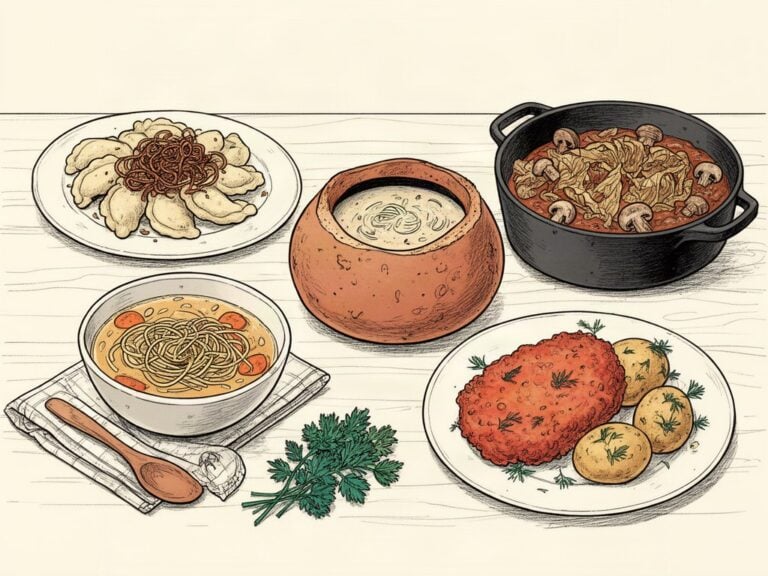 Tradycyjne polskie dania: pierogi, zupa, kotlet schabowy i ziemniaki.