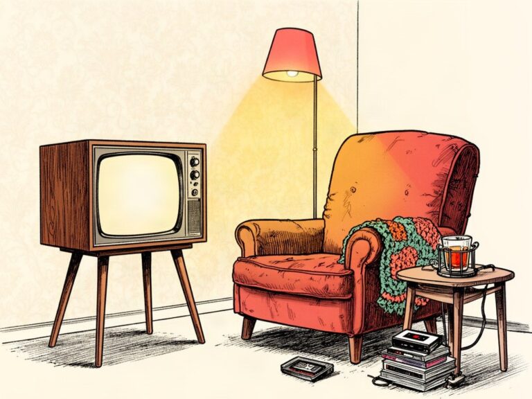 Telewizor kineskopowy na drewnianych nóżkach, fotel z pledem, lampa i szklanka herbaty, obok stos kaset wideo.
