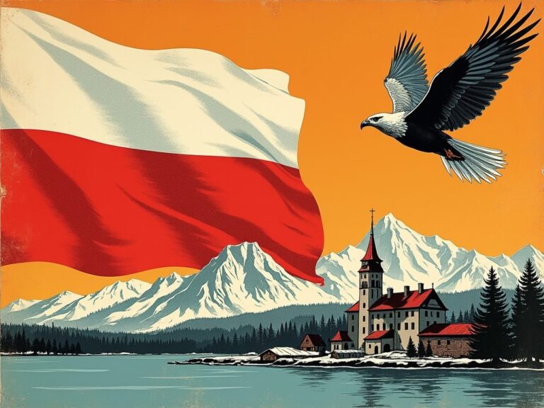 Quiz o Polsce — flaga Polski, bielik, Tatry i kościół nad jeziorem w stylu retro plakatu