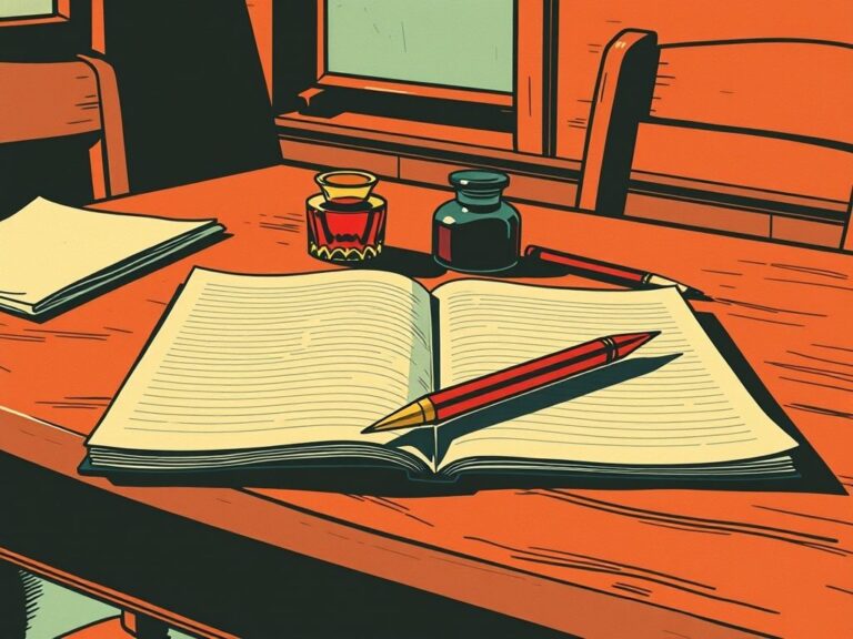 Quiz ortograficzny — szkolny zeszyt, pióro i kałamarz w stylu retro PRL