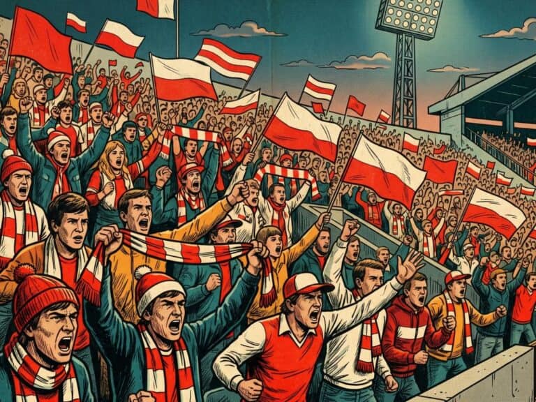 Hymn kibiców z flagami na stadionie podczas meczu piłkarskiego.
