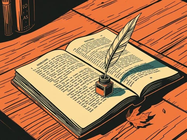 Sztuka pisania piórem na otwartej książce na drewnianym stole, styl ilustracji.