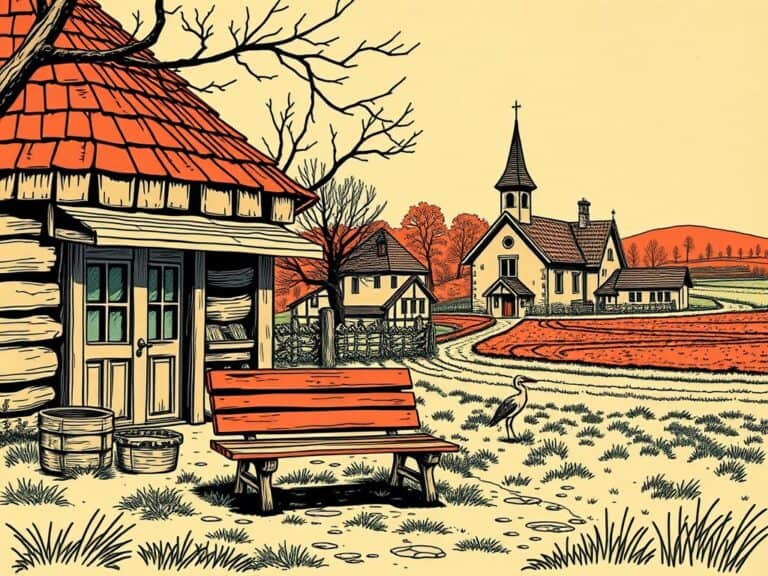 Przytulny wiejski krajobraz z starym domem, kościołem i jesiennym drzewami, w stylu ilustracji.