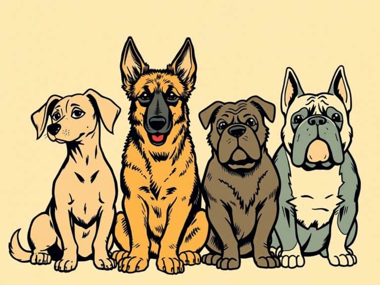Sztuczne psy rasy labrador, owczarek niemiecki, buldog i buldog francuski, ilustracja.