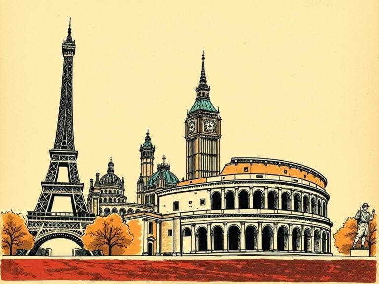 Wielkie zabytki i ikony architektury na ilustracji, symboli międzynarodowych miast.