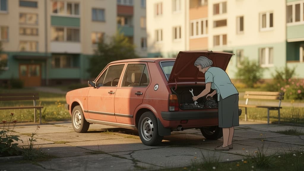 Starsza kobieta naprawia samochód na parkingu w mieście.