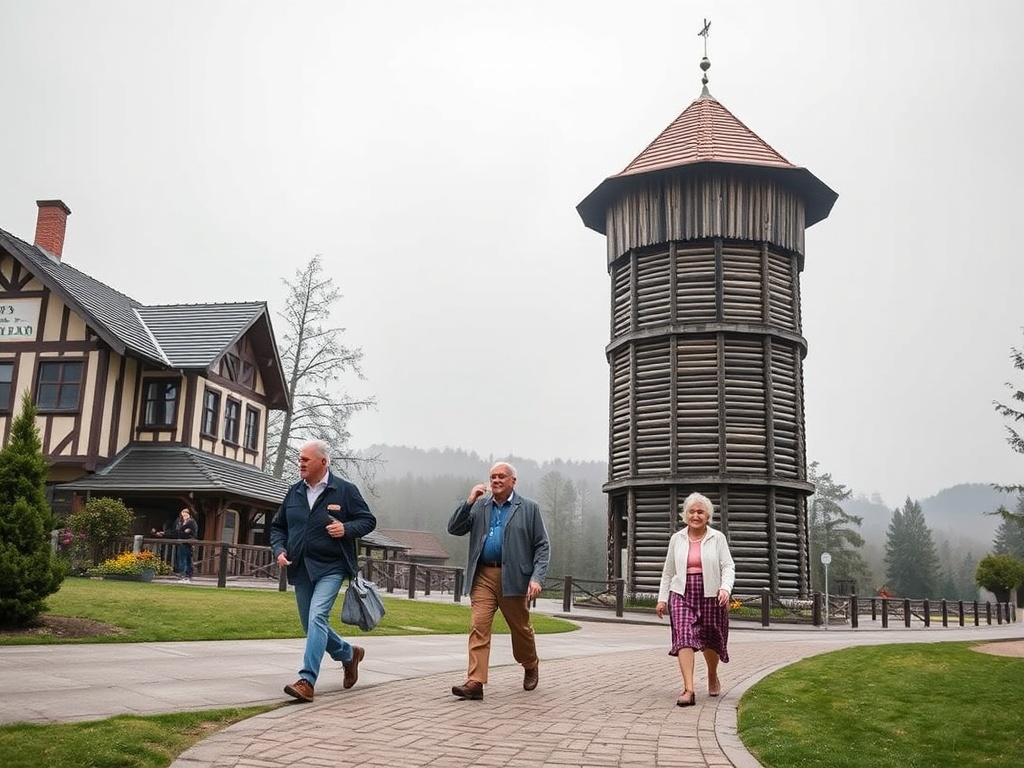 Seniorzy spacerują przy tężni solankowej w polskim uzdrowisku