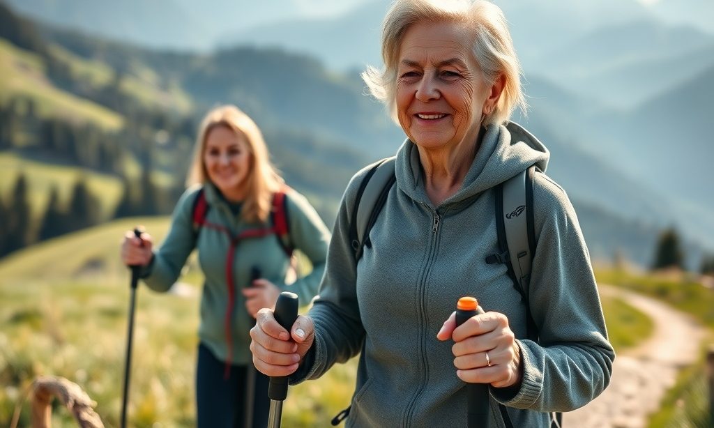 Aktywny senior na nordic walking na górskim szlaku