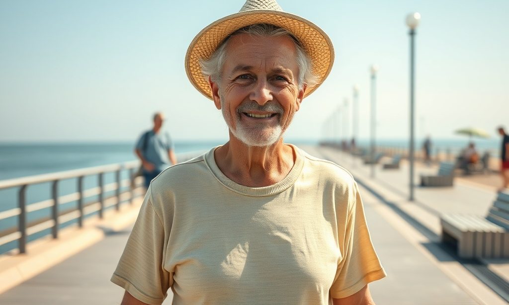 Senior spaceruje relaksując się nadmorską promenadą nad Bałtykiem