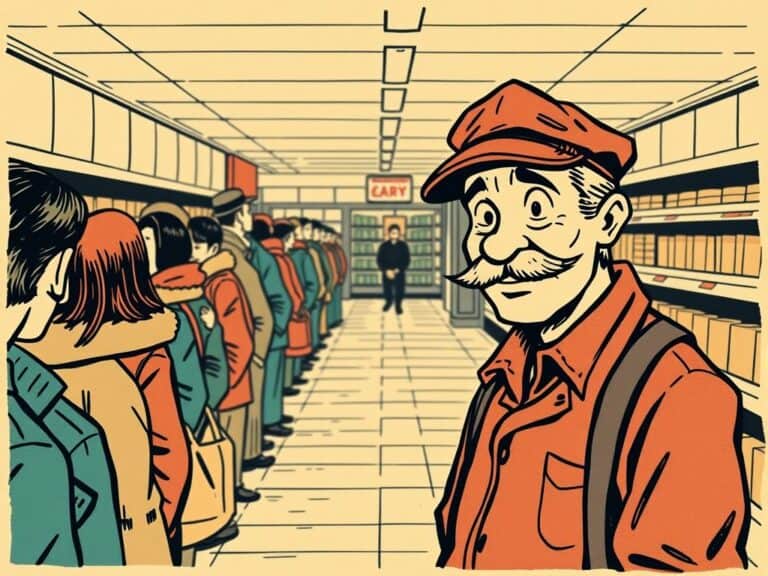 Pracownik sklepu spożywczego z uśmiechem, kolejka klientów, zakupy, supermarket, Wigor Życia.