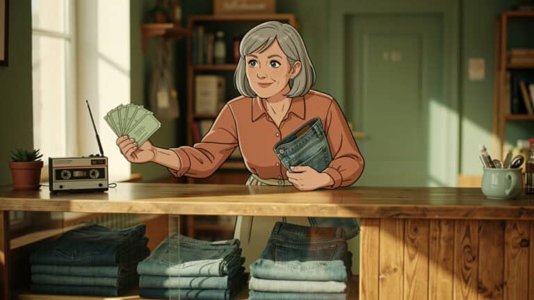 Starsza kobieta z uśmiechem trzymająca pieniądze i banknoty w kawiarni.