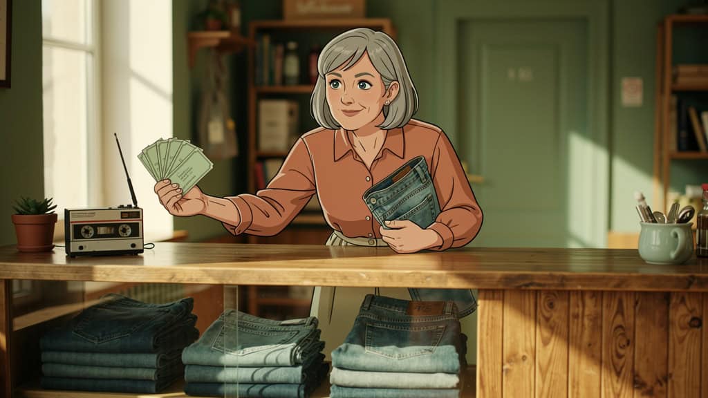 Starsza kobieta z uśmiechem trzymająca pieniądze i banknoty w kawiarni.