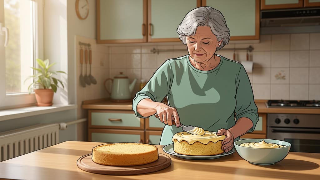 Kobieta senior gotuje tort w kuchni, dekoruje ulepkowy krem.