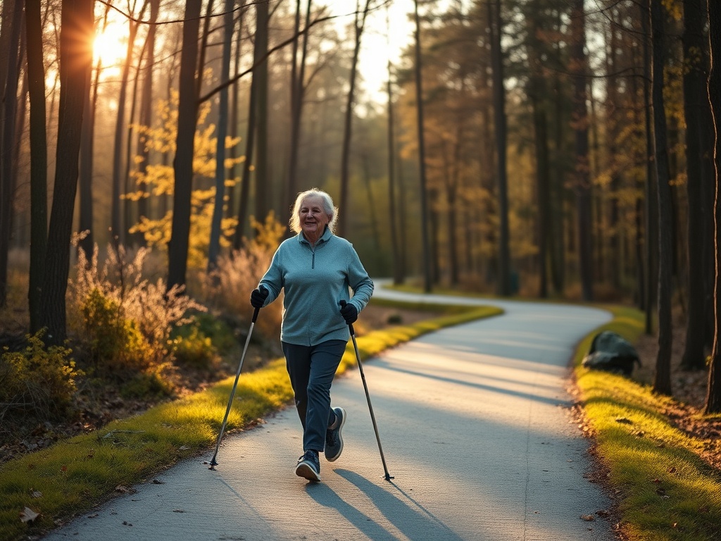Aktywna para seniorów uprawia nordic walking leśną ścieżką w Polsce jesienią