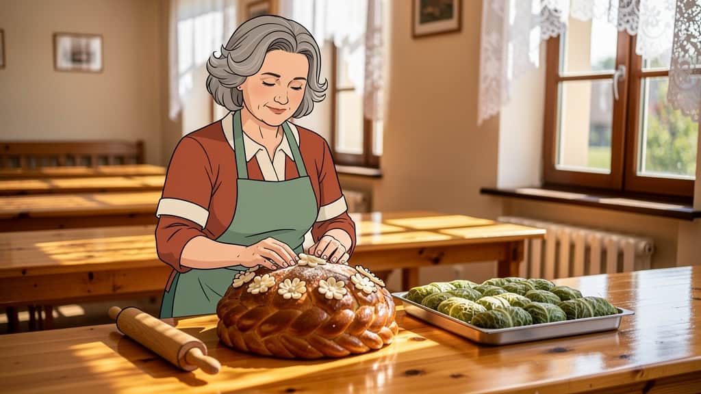 Kobieta piecze tradycyjne ciasto w kuchni z naturalnym światłem.