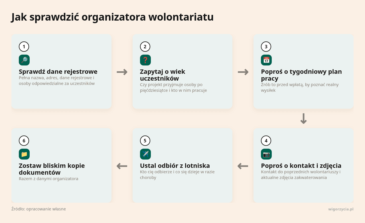 Kolejne kroki: Sprawdź dane rejestrowe, Zapytaj o wiek uczestników, Poproś o tygodniowy plan pracy, Poproś o kontakt i zdjęcia, Ustal odbiór z lotniska, Zostaw bliskim kopie dokumentów