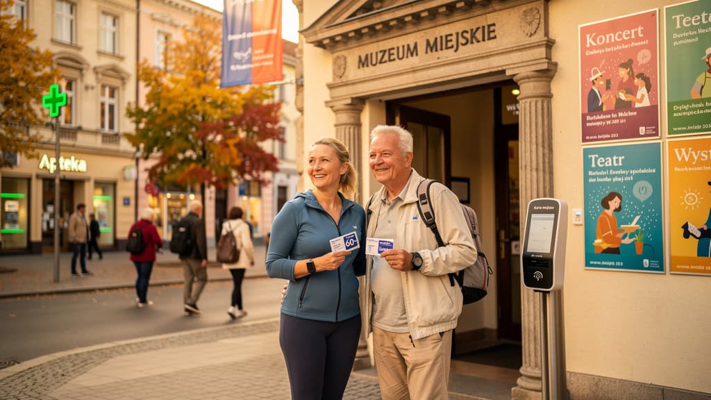 Wigor Życia, uśmiechnięci seniorzy przed Muzeum Miejskim, promujący aktywność i kulturę.